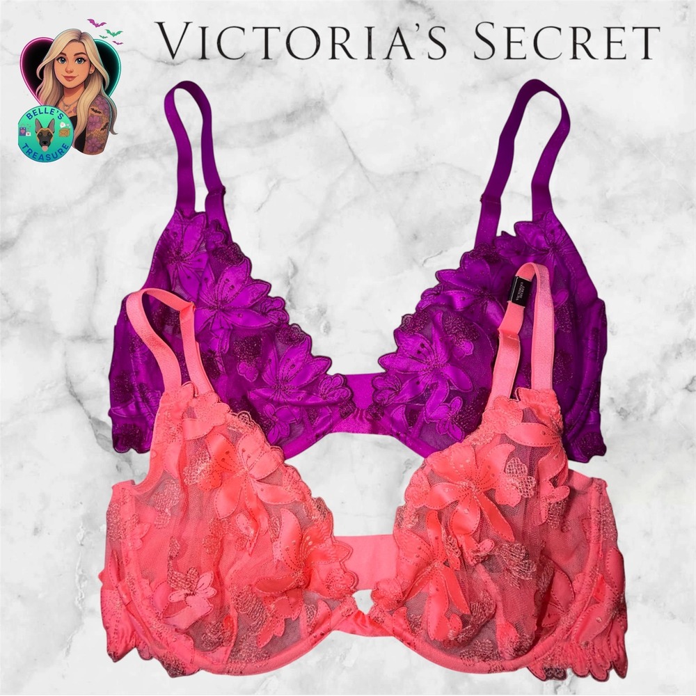 Victoria's Secret 36DD Luxe Lingerie Unlined Floral Coral Purple TWO Demi Bras